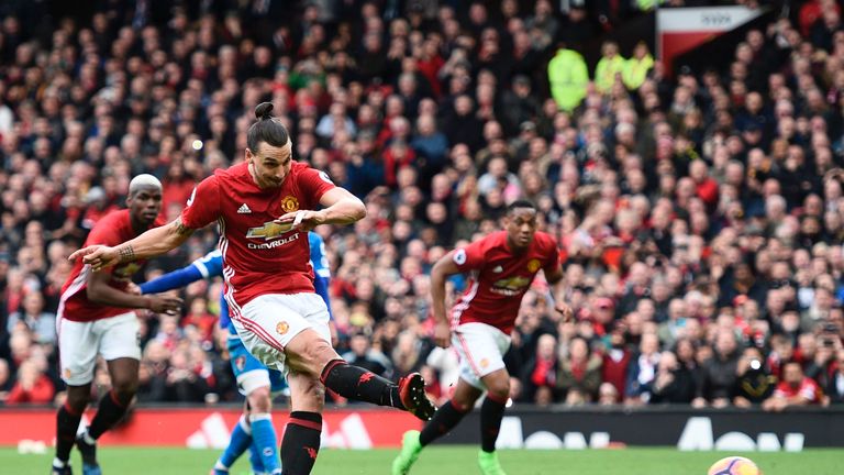 Manchester United's Swedish striker Zlatan Ibrahimovic takes a penalty which was saved by Bournemouth's Polish goalkeeper Artur Boruc (not pictured) during