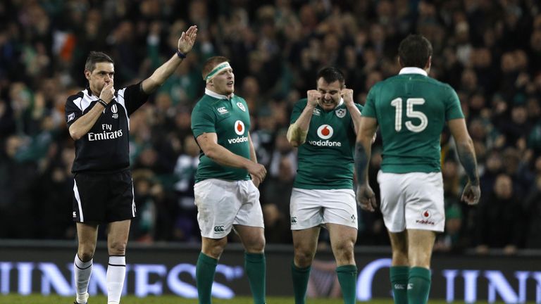 Ireland players react at the final whistle in the Six Nations international rugby union match between Ireland and England at the Aviva Stadium in Dublin on