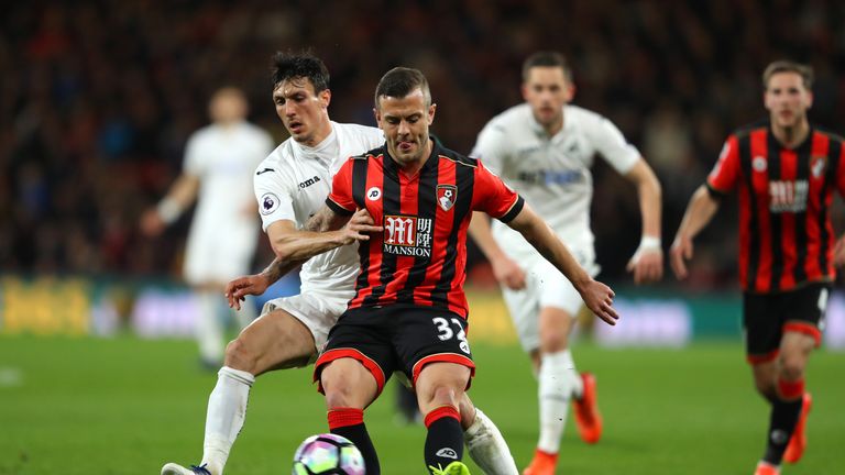 Jack Cork of Swansea City (L) and Jack Wilshere of AFC Bournemouth (R) battle for possession