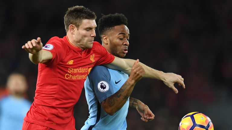 Manchester City's English midfielder Raheem Sterling (R) vies with Liverpool's English midfielder James Milner during the English Premier League football m