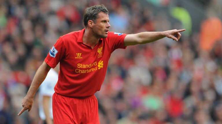 LIVERPOOL, ENGLAND - SEPTEMBER 23: Jamie Carragher of Liverpool gestures during the Barclays Premier League match between Liverpool and Manchester United a