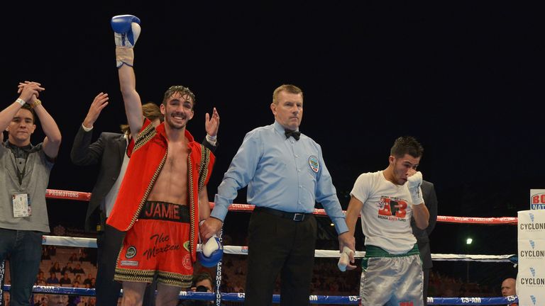 BELFAST, NORTHERN IRELAND - SEPTEMBER 6: WBO European Super Flyweight champion Jamie Conlon of Northern Ireland celebrates beating Jose Estrella of Mexico 