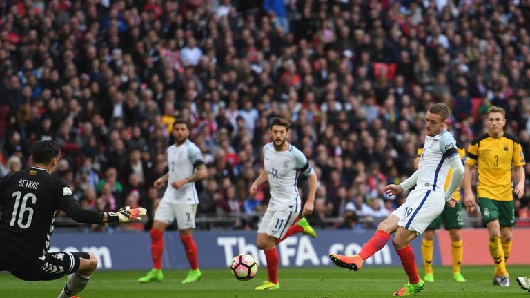 Jamie Vardy scores England's second against Lithuania