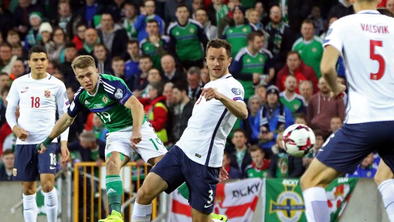 Northern Ireland's striker Jamie Ward (2nd L) scores the opening goal against Norway