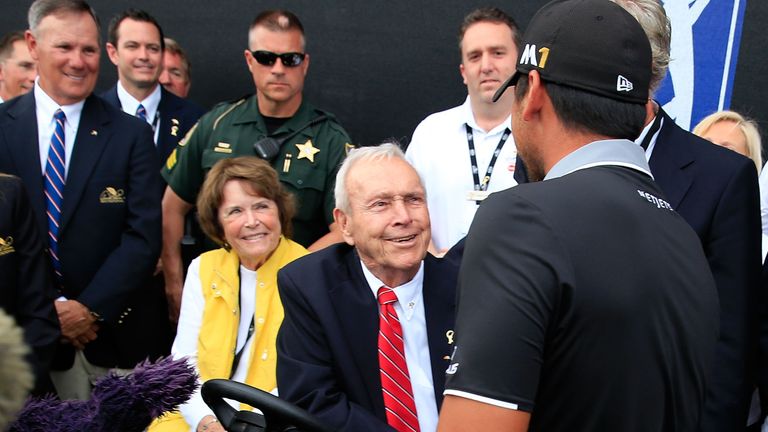 ORLANDO, FL - MARCH 20:  Jason Day of Australia greets Arnold Palmer following the final round of the Arnold Palmer Invitational Presented by MasterCard at