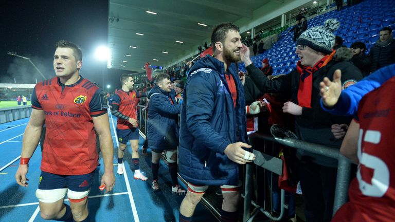 GLASGOW, SCOTLAND - JANUARY 14:  Jean Kleyn of Munster Rugby is congratulated by Munster supporters in the main stand at the final whistle as Munster beat 