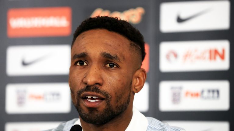 Jermain Defoe addresses the media during an England team press conference at St George's Park