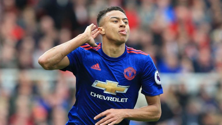 Manchester United's English midfielder Jesse Lingard celebrates after scoring their second goal against Middlesbrough