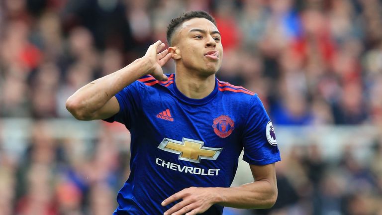 Jesse Lingard celebrates after scoring Manchester United's second goal