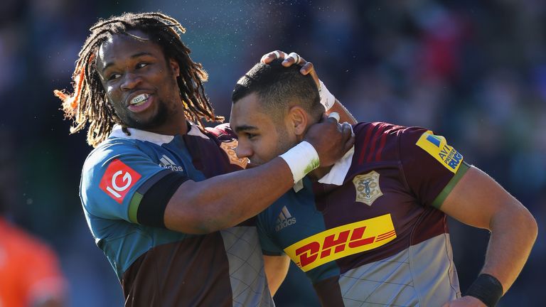 Joe Marchant is congratulated by Marland Yarde after scoring an intercept try