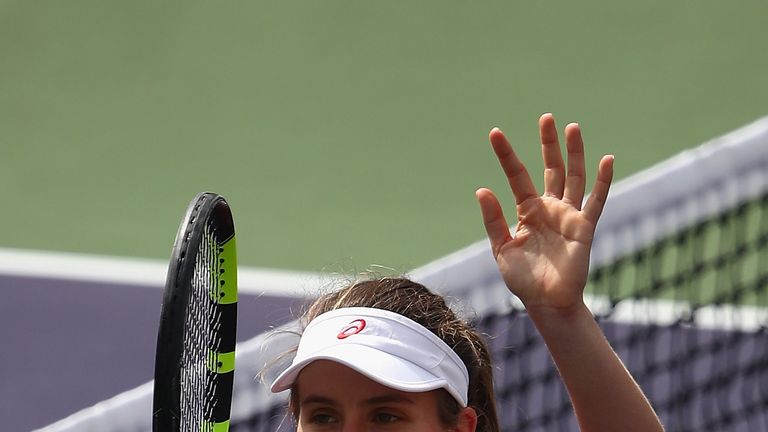 INDIAN WELLS, CA - MARCH 10:  Johanna Konta of Great Britain celebrates to the crowd after her straight sets victory against Heather Watson of Great Britai