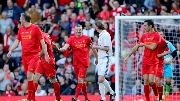 Liverpool's John Aldridge celebrates scoring his side's second goal of the game during the charity match at Anfield, Liverpool.