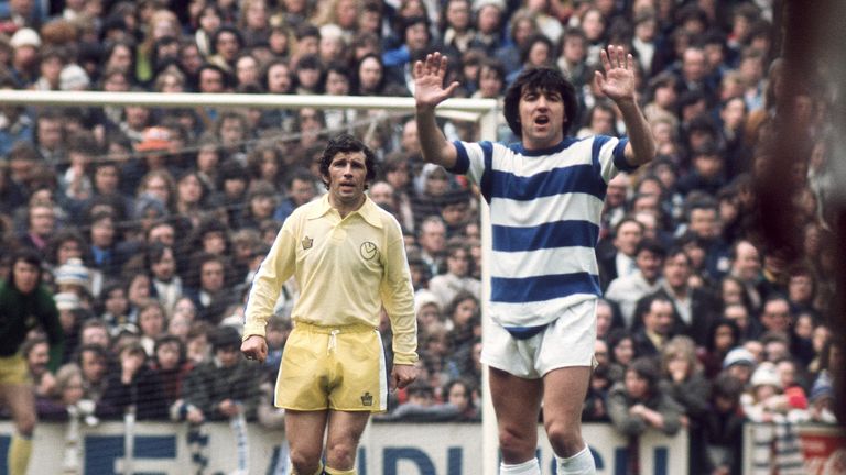 LONDON - APRIL 27:  Terry Venables of Queens Park Rangers gives orders to his team-mates as Johnny Giles of Leeds United looks on during the League Divisio
