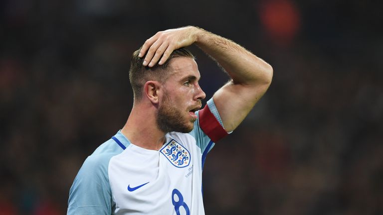 LONDON, ENGLAND - NOVEMBER 15:  Captain Jordan Henderson of England looks onduring the international friendly match between England and Spain at Wembley St