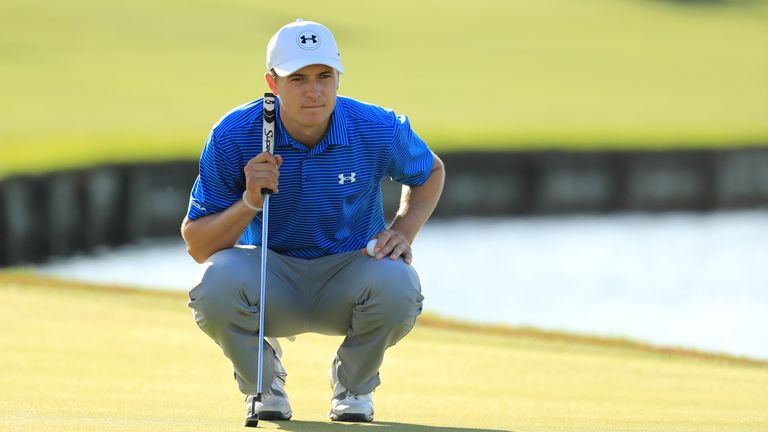 AUSTIN, TX - MARCH 23: Jordan Spieth lines up a putt on the 13th hole of his match during round two of the World Golf Championships-Dell Technologies Match