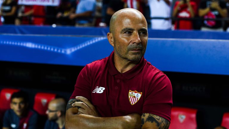 Head coach Jorge Sampaoli of Sevilla FC looks on prior to the UEFA Champions League Group H match between Sevilla FC and Ol