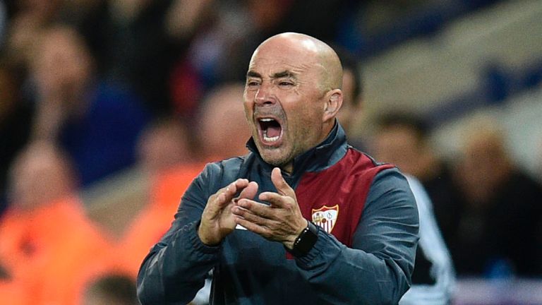 Sevilla's Argentinian coach Jorge Sampaoli shouts on the touchline during the UEFA Champions League round of 16 second leg football match between Leicester