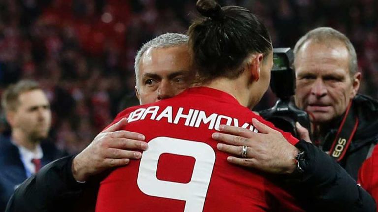 Jose Mourinho hugs Zlatan Ibrahimovic after the EFL Cup final, February 2017