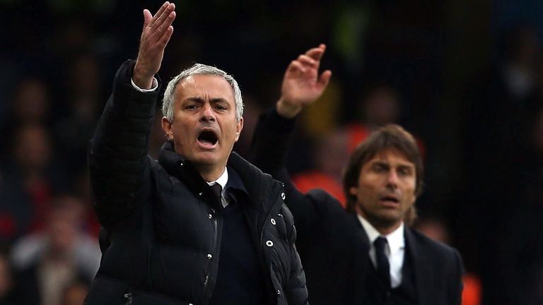 Jose Mourinho of Manchester United and Antonio Conte of Chelsea during the Premier League match at Stamford Bridge on October 23, 2016