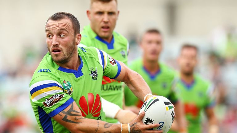CANBERRA - MARCH 19 2017: Josh Hodgson of the Raiders in action during the round three NRL match between the Canberra Raiders and the Wests Tigers