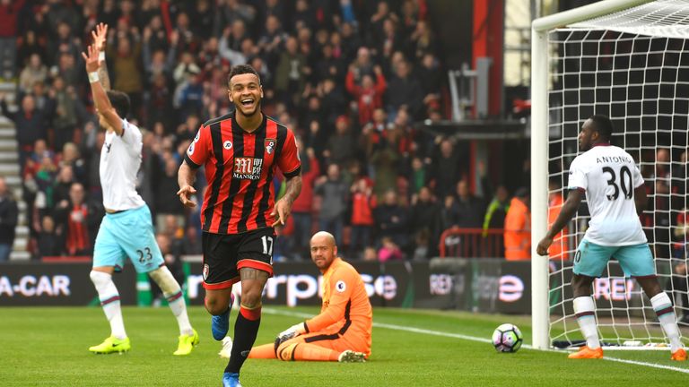 Josh King celebrates after scoring the second of his treble against West Ham