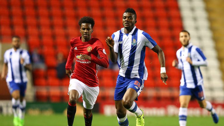 Joshua Bohui puts pressure on Porto's Awazie Chidozie during a match between Manchester United U23 and Porto B in February, 2017