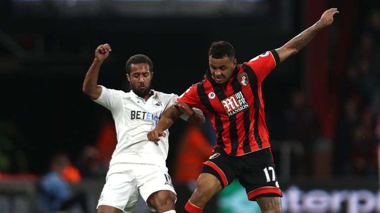 Wayne Routledge of Swansea City (L) and Joshua King of AFC Bournemouth (R) battle for possession