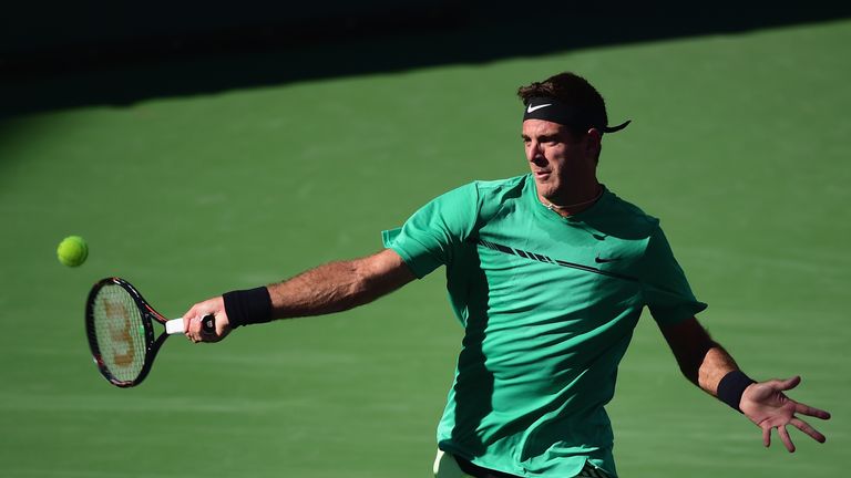 Juan Martin del Potro plays a shot during his match against Federico Delbonis