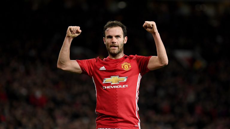 Juan Mata celebrates after scoring a goal for Manchester United against Rostov 