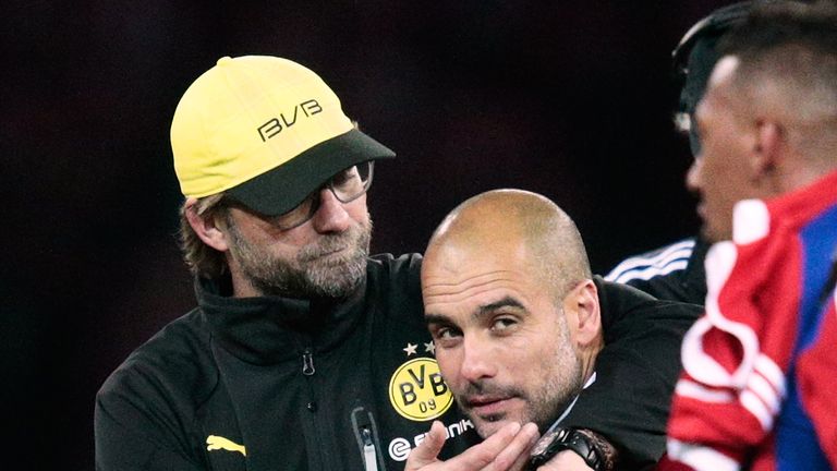 Pep Guardiola and Jurgen Klopp at Olympiastadion on May 17, 2014 in Berlin, Germany.