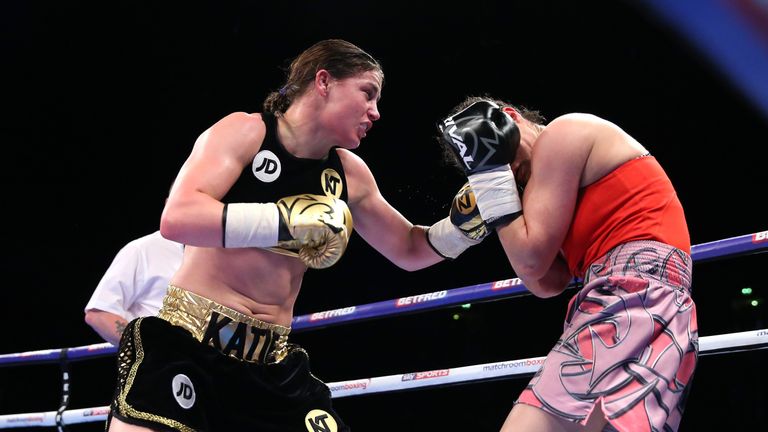 MANCHESTER, ENGLAND - MARCH 25:  Katie Taylor (Black Shorts) fights Milena Koleva during the Super-Featherweight match between Katie Taylor and Milena Kole