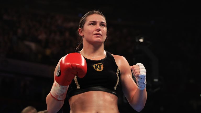 Katie Taylor reacts after winning her Super-Featherweight contest against Viviane Obenauf at Manchester Arena