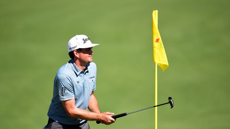 AUGUSTA, GEORGIA - APRIL 04:  Keegan Bradley reacts during a practice round prior to the start of the 2016 Masters Tournament at Augusta National Golf Club