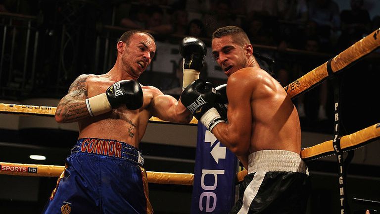 Kevin Mitchell of England (L) in action against Sebastien Benito of France during the Lightweight Contest at York Hall on July 2013