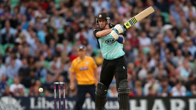 LONDON, ENGLAND - JUNE 27:  Kevin Pietersen of Surrey hits out during the Natwest T20 Blast match between Surrey and Hampshire at The Kia Oval on June 27, 