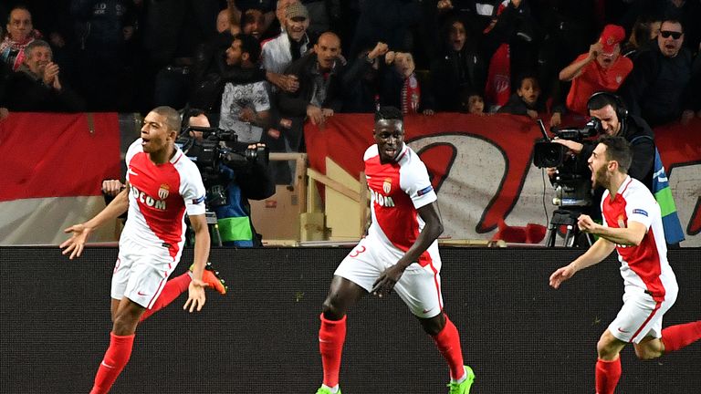 Monaco forward Kylian Mbappe (left) celebrates after scoring against Manchester City