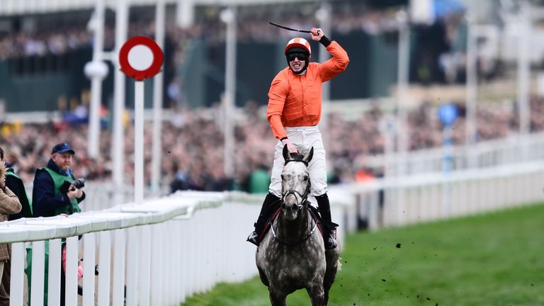 CHELTENHAM, UNITED KINGDOM - MARCH 14: Jack Kennedy on board Labaik celebrates after winning the Sky Bet Supreme Novices Hurdle during Champion Day of the 