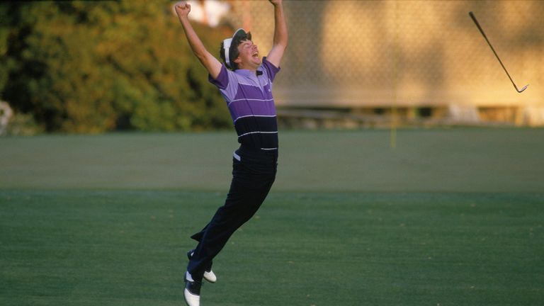 Larry Mize celebrates after chipping in for birdie to win the 1987 Masters