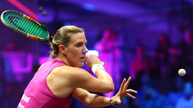 Laura Massaro of Great Britian serves the ball to Nour El Sherbini of Egypt during their semi-final match of the Dubai PSA World Series Finals