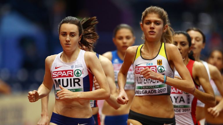 BELGRADE, SERBIA - MARCH 03:  (L-R) Laura Muir of Great Britain and Konstanze Klosterhalfen of Germany competes in the Women's 1500 metres heats on day one