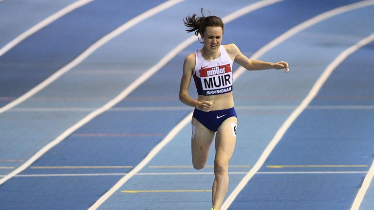 Britain's Laura Muir wins the Women's 1000m final during the Indoor athletics Grand Prix at the Barclaycard Arena in Birmingham