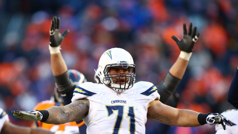 DENVER, CO - JANUARY 12:  Lawrence Guy #71 of the San Diego Chargers reacts to a feild goal by  Matt Prater #5 of the Denver Broncos in the third quarter d