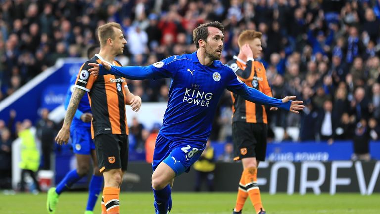 LEICESTER, ENGLAND - MARCH 04:  Christian Fuchs of Leicester City (L) celebrates scoring his sides first goal during the Premier League match