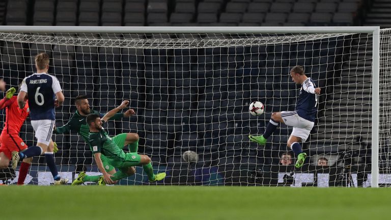 Leigh Griffiths of Scotland misses an opportunity during the FIFA 2018 World Cup Qualifier between Scotland and Slovenia at 