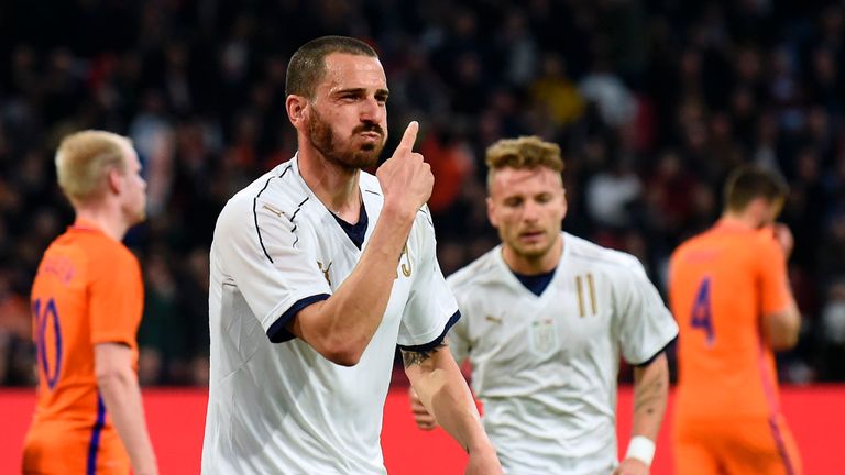 Italy's Leonardo Bonucci celebrates after scoring a goal during the friendly football match between The Netherlands and Italy at the Arena Stadium, on Marc