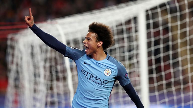 Manchester City's midfielder Leroy Sane celebrates after scoring against Monaco