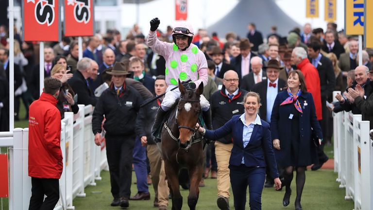 Let's Dance ridden by jockey Ruby Waslsh after winning the Trull House Stud Mares' Novices' Hurdle during St Patrick's Thursday of the 2017 Cheltenham Fest