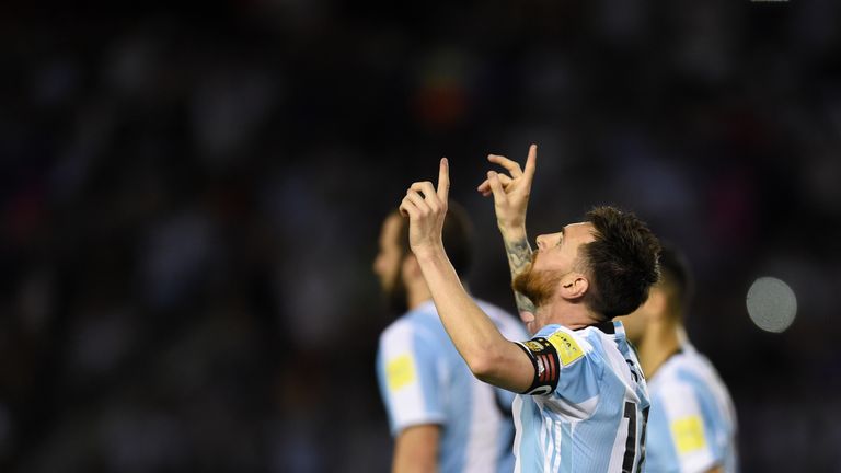 Argentina's Lionel Messi celebrates after scoring against Chile during their 2018 FIFA World Cup qualifier football match at the Monumental stadium in Buen
