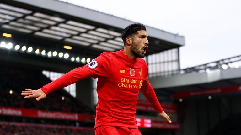 LIVERPOOL, ENGLAND - NOVEMBER 06:  Emre Can of Liverpool celebrates scoring his sides third goal during the Premier League match between Liverpool and Watf