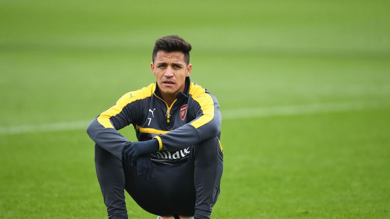 Alexis Sanchez during a training session at London Colney prior to the FA Cup match against Lincoln Town